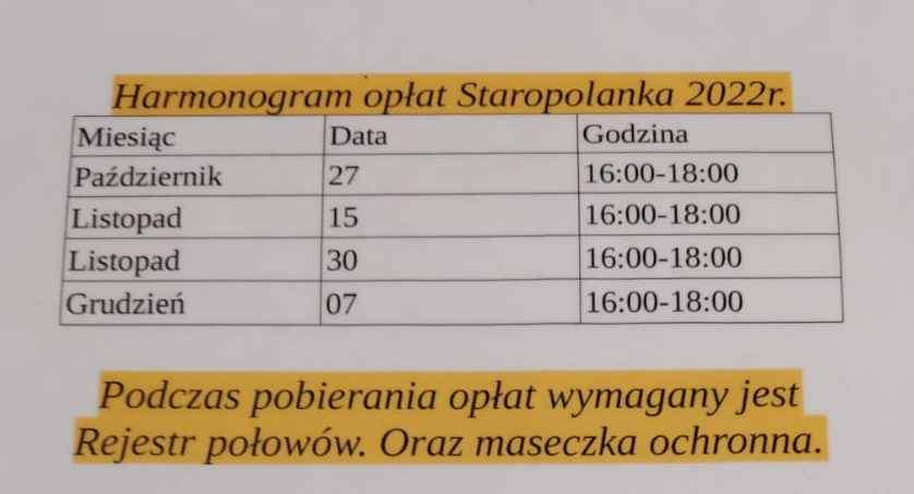 Harmonogram opłat 2022